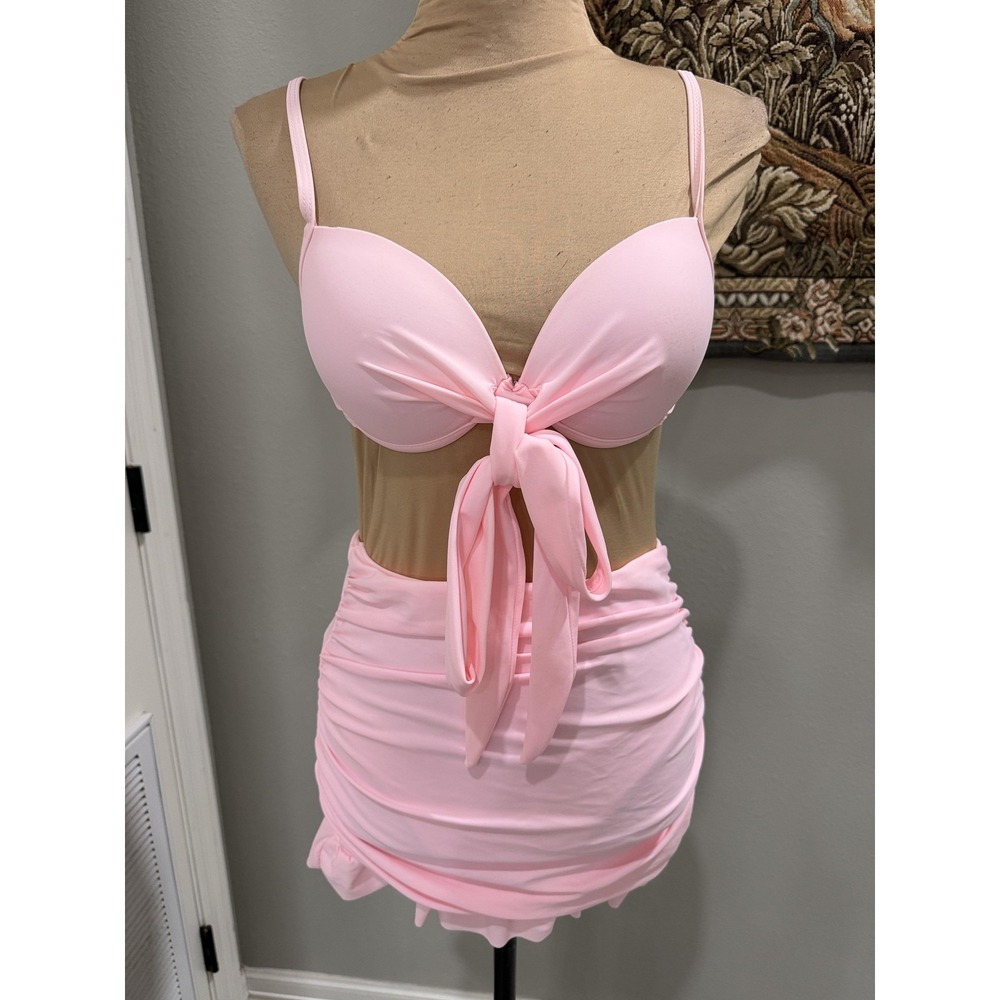 Bikini Set Womens Small Pink 3 Piece Underwire Bow Top Skirt Cover Up Ruffle Hem